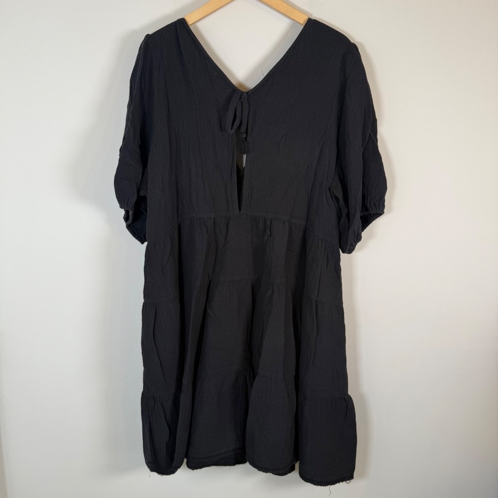 Aerie Gauze 100% Cotton Tiered Babydoll Mini Dress XXL Black V-Neck Puff Sleeve - Picture 5 of 5